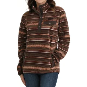 Women's Cinch Striped Fleece Pullover - Brown/Coral