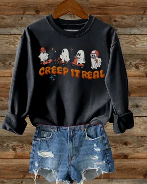 Women's Halloween Crewneck Sweatshirt Funny Sports Ghosts Black, Dark Heather, Ash, Sand, White, Orange, Gold